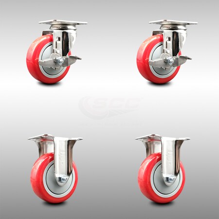 Service Caster 4 Inch 316SS Red Polyurethane Swivel Top Plate Caster Brake 2 Rigid SCC, 2PK SCC-SS31620S414-PPUB-RED-TLB-2-R-2